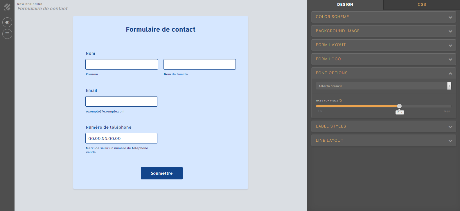 Capture d'écran de la page de l'Outil de conception avancé avec une flèche pointant vers le bouton représentant un œil en haut à gauche
