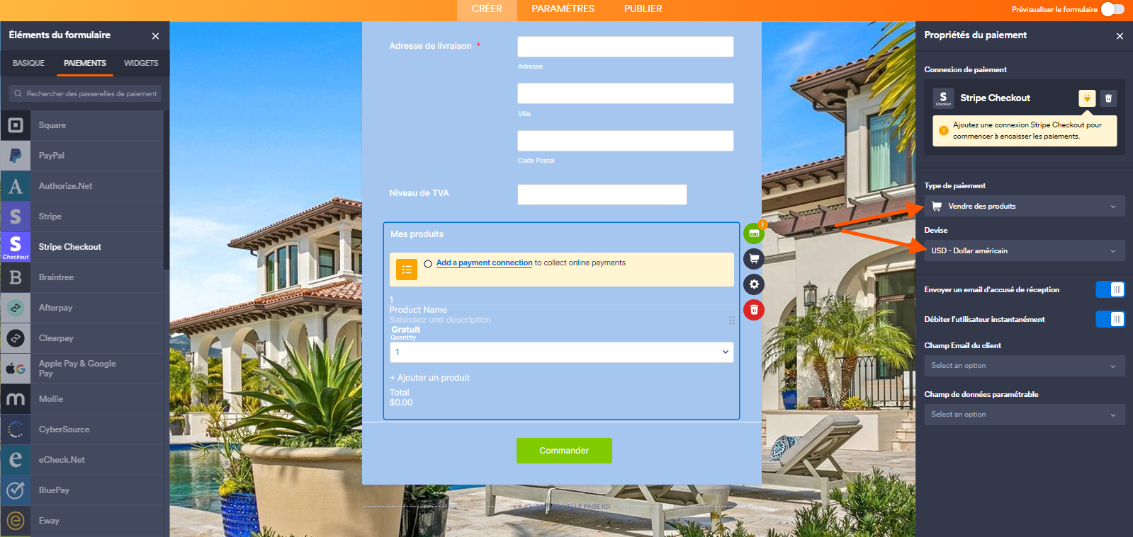 Capture d'écran du volet propriétés du paiement avec une flèche pointant vers le champ Type de paiement et une autre pointant vers le champ Devise