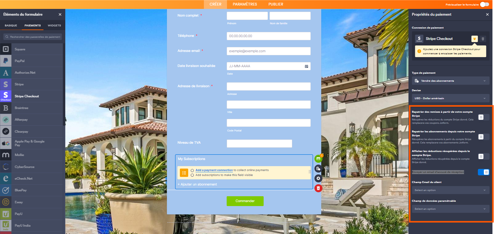 Capture d'écran des options supplémentaires pouvant être paramétrées dans le volet Propriétés du paiement pour Stripe Checkout