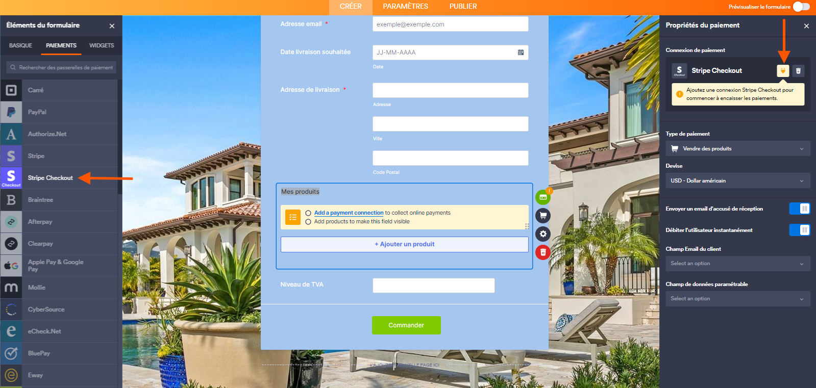 Capture d'écran d'un formulaire dans le Générateur de formulaires Jotform avec une flèche pointant vers l'option Stripe Checkout dans le volet Paiements à gauche et une autre vers l'icône de prise électrique dans le volet Propriétés du paiement à droite