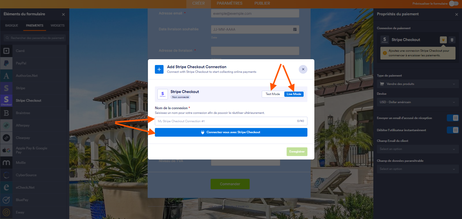 Capture d'écran de la fenêtre modale Ajouter une connexion Stripe Checkout dans le Générateur de formulaires Jotform avec une flèche pointant vers l'option Test Mode, une autre vers Live Mode, une autre vers le champ Nom de la connexion et une quatrième vers le bouton Connectez-vous avec Stripe Checkout