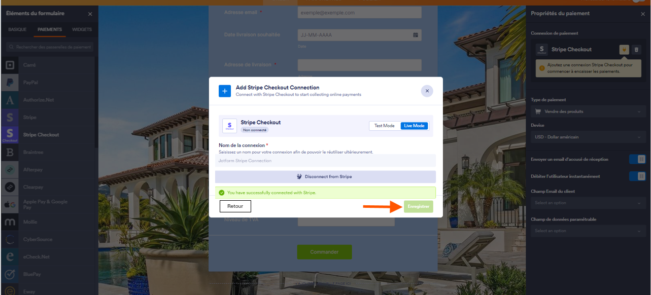 Capture d'écran de la fenêtre modale Ajouter une connexion Stripe Checkout dans le Générateur de formulaires Jotform avec une flèche pointant vers le bouton Enregistrer