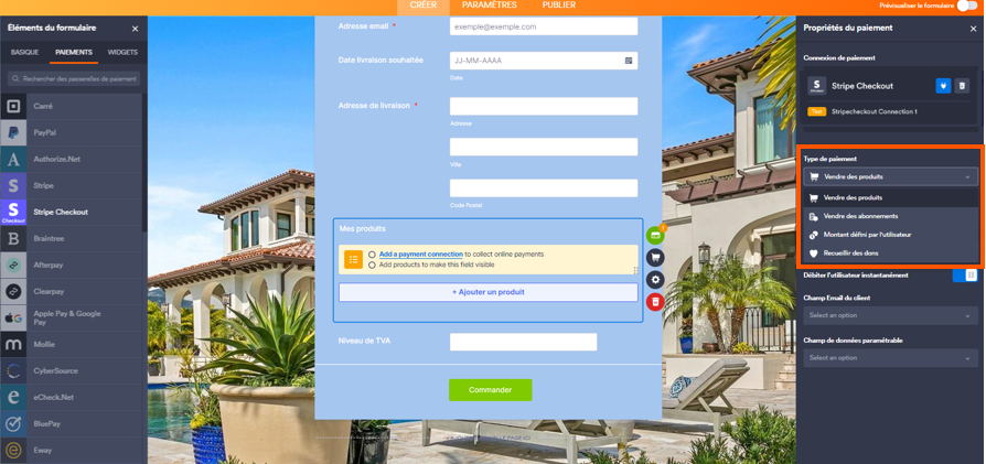 Capture d'écran du formulaire dans le Générateur de formulaires Jotform avec le volet Propriétés du paiement ouvert à droite et un encadré autour des options du menu déroulant Type de paiement