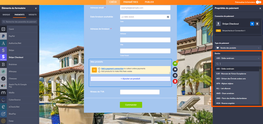 Capture d'écran du formulaire dans le Générateur de formulaires Jotform avec le volet Propriétés du paiement ouvert à droite et un encadré autour des options du menu déroulant Devise