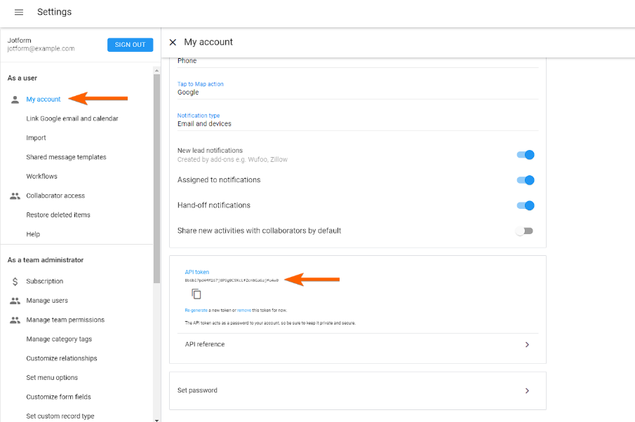 Capture d'écran de la section Mon compte du tableau de bord Web Solve avec une flèche pointant vers My account et une autre vers API token