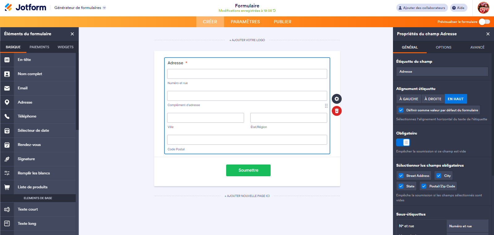 Capture d'écran du volet Propriétés du champ Adresse à droite de l'élément Adresse ajouté au formulaire dans le Générateur de formulaires Jotform