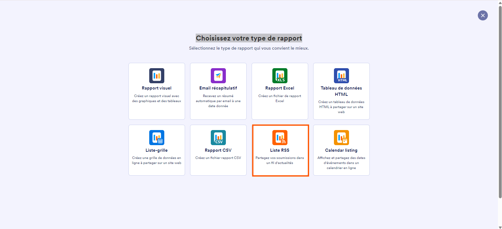 Capture d'écran de la page Choisissez votre type de rapport dans le Générateur de formulaires Jotform avec un encadré autour de l'option Liste RSS