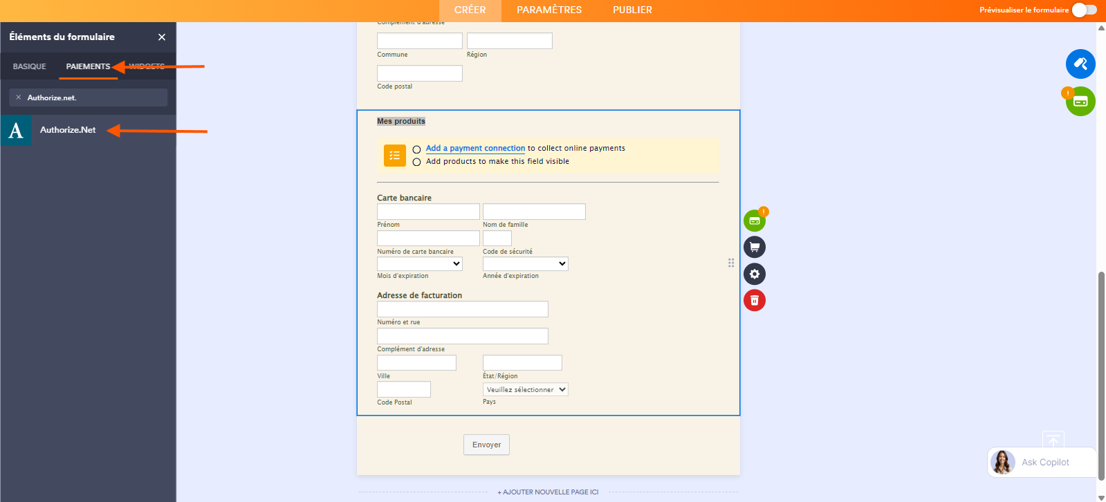Capture d'écran avec le volet Éléments de formulaire ouvert à gauche dans le Générateur de formulaires Jotform avec une flèche pointant vers l'onglet Paiements et une autre pointant vers Authorize