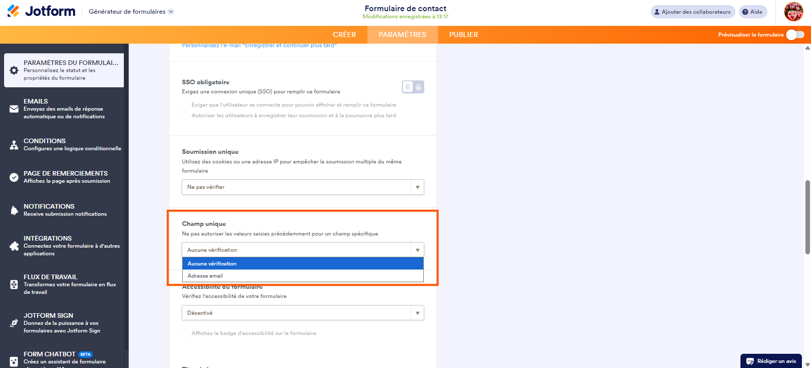 Capture d'écran montrant le menu de la section Champ unique des options supplémentaires de la fenêtre Paramètres du formulaire dans le Générateur de formulaires Jotform
