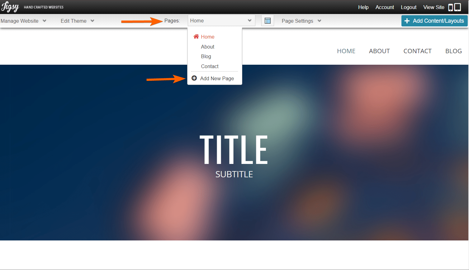 Capture d'écran du tableau de bord d'un compte Jigsy avec une flèche pointant vers Pages et une autre pointant vers Ajouter une nouvelle page