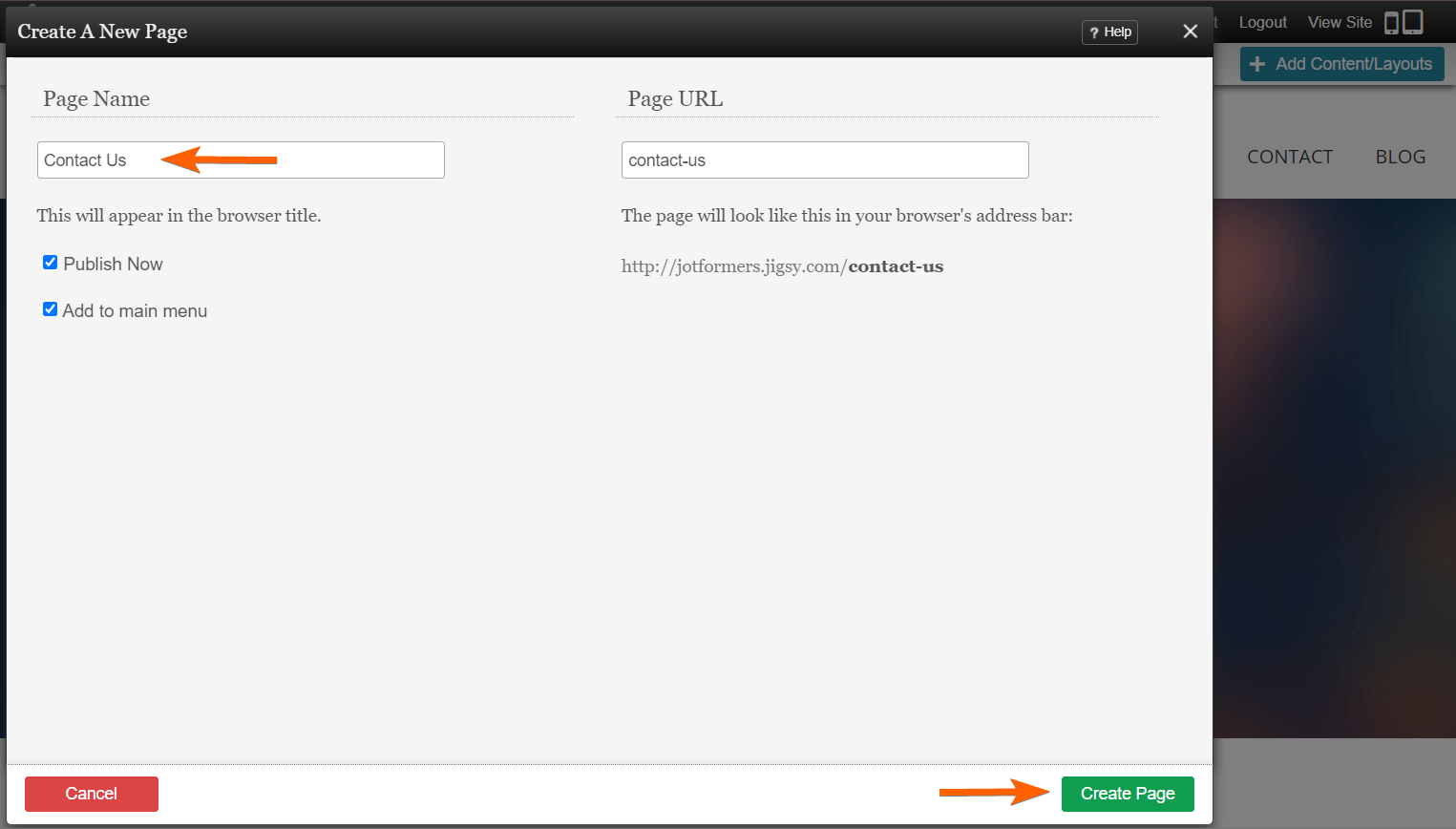 Capture d'écran des nouveaux paramètres de page dans Jigsy Web Builder avec une flèche pointant vers le champ Nom de la page et une autre pointant vers le bouton Créer la page