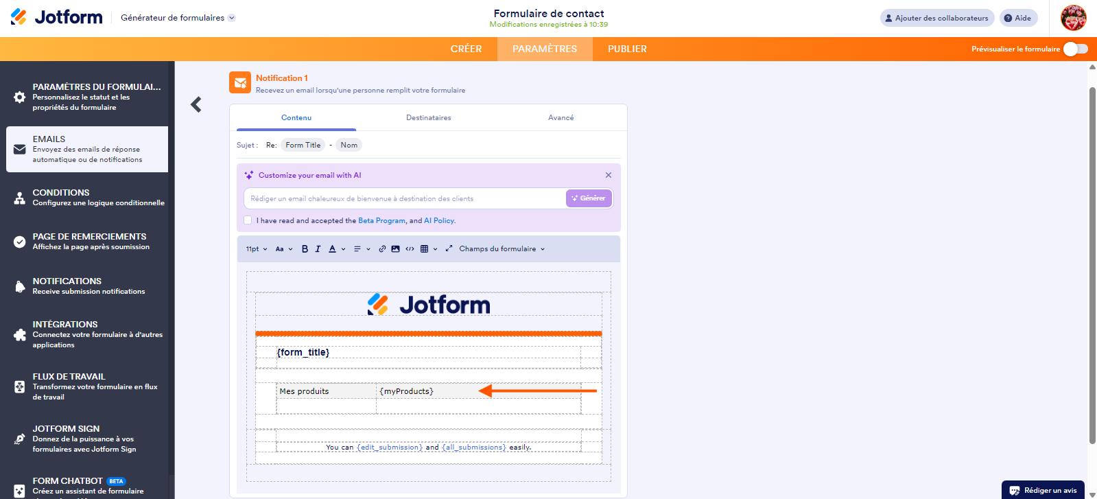 Capture d'écran de la page Notification 1 dans le Générateur de formulaires Jotform avec une fl-che pointant vers la balise de champ d'élément Paiement {myProducts} 