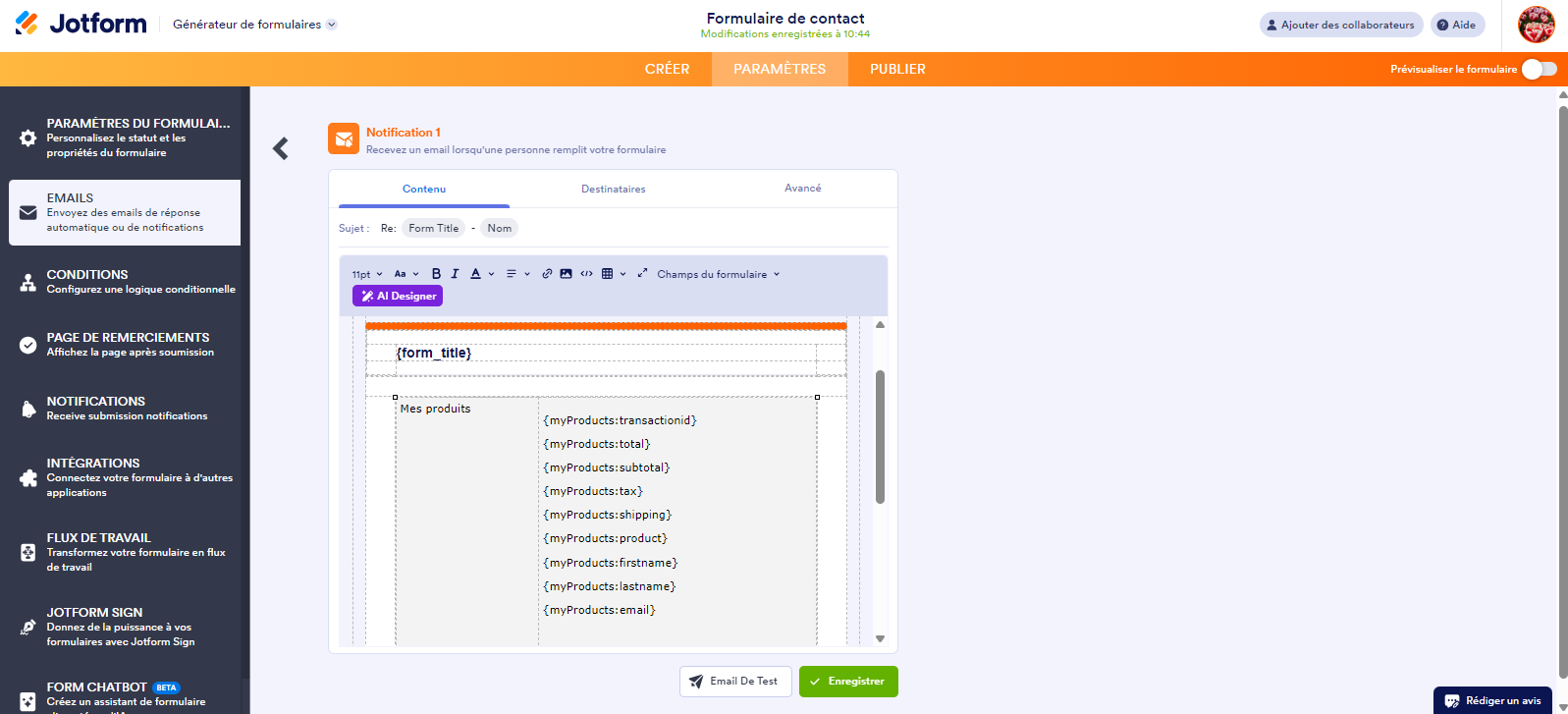 Capture d'écran des étiquettes de champ de paiement avec suffixes individuels dans les paramètres d'email de notification de Jotform