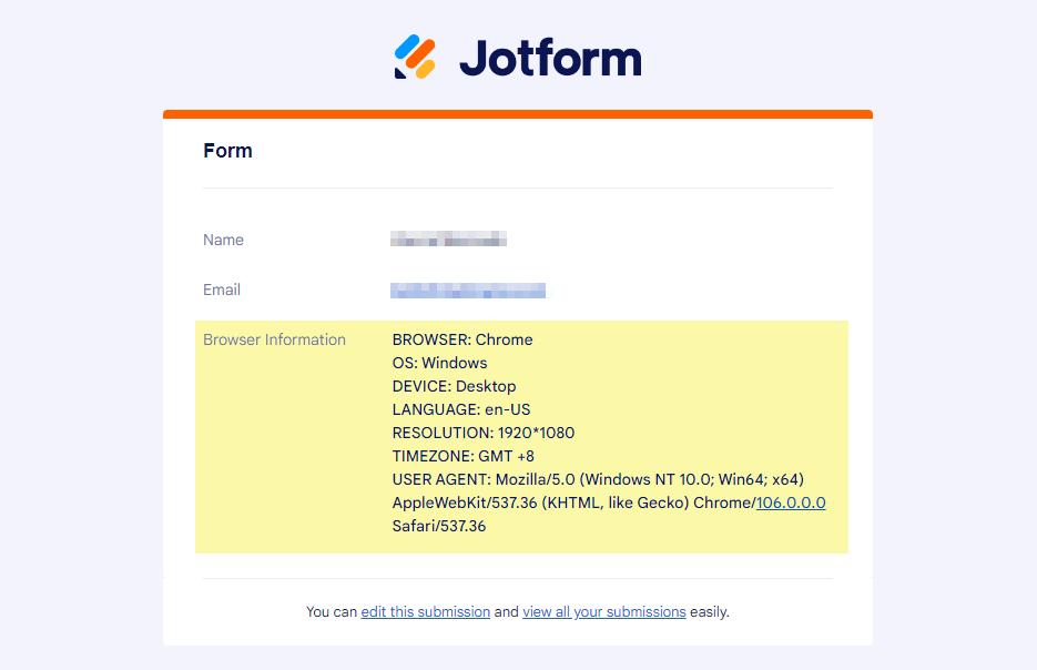 Capture d'écran d'informations provenant du navigateur d'un utilisateur qui a soumis un formulaire Jotform