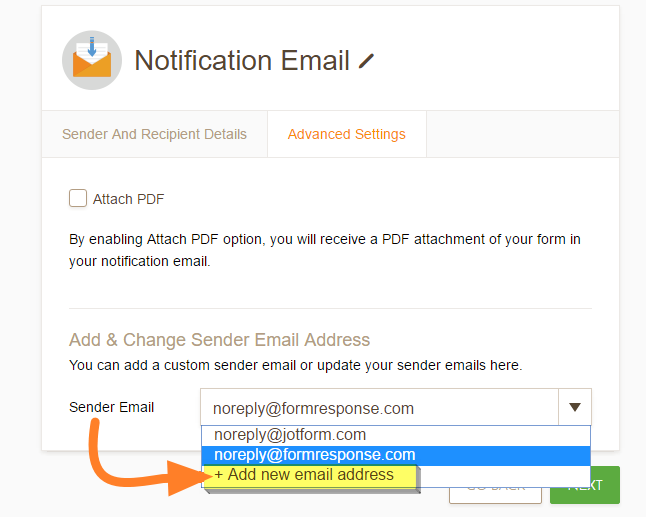 Capture d'écran de la fenêtre Notification Email avec une flèche pointant vers le menu déroulant Ajouter une nouvelle adresse email