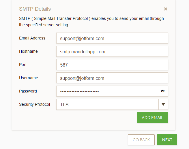 Capture d'écran de la fenêtre Détails SMTP