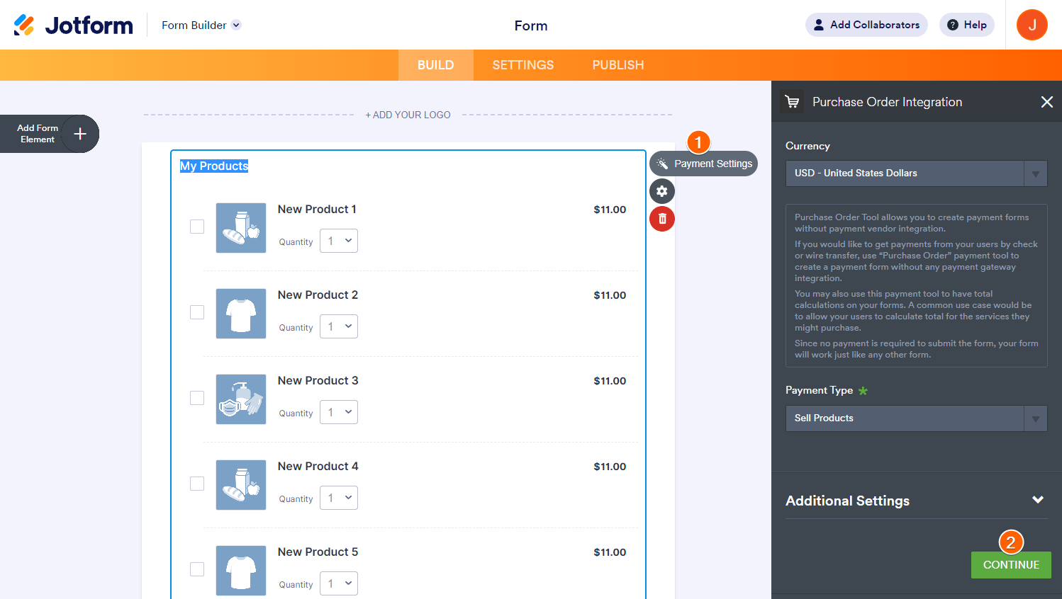 Capture d'écran montrant les Paramètres de paiement dans le Générateur de formulaires Jotform