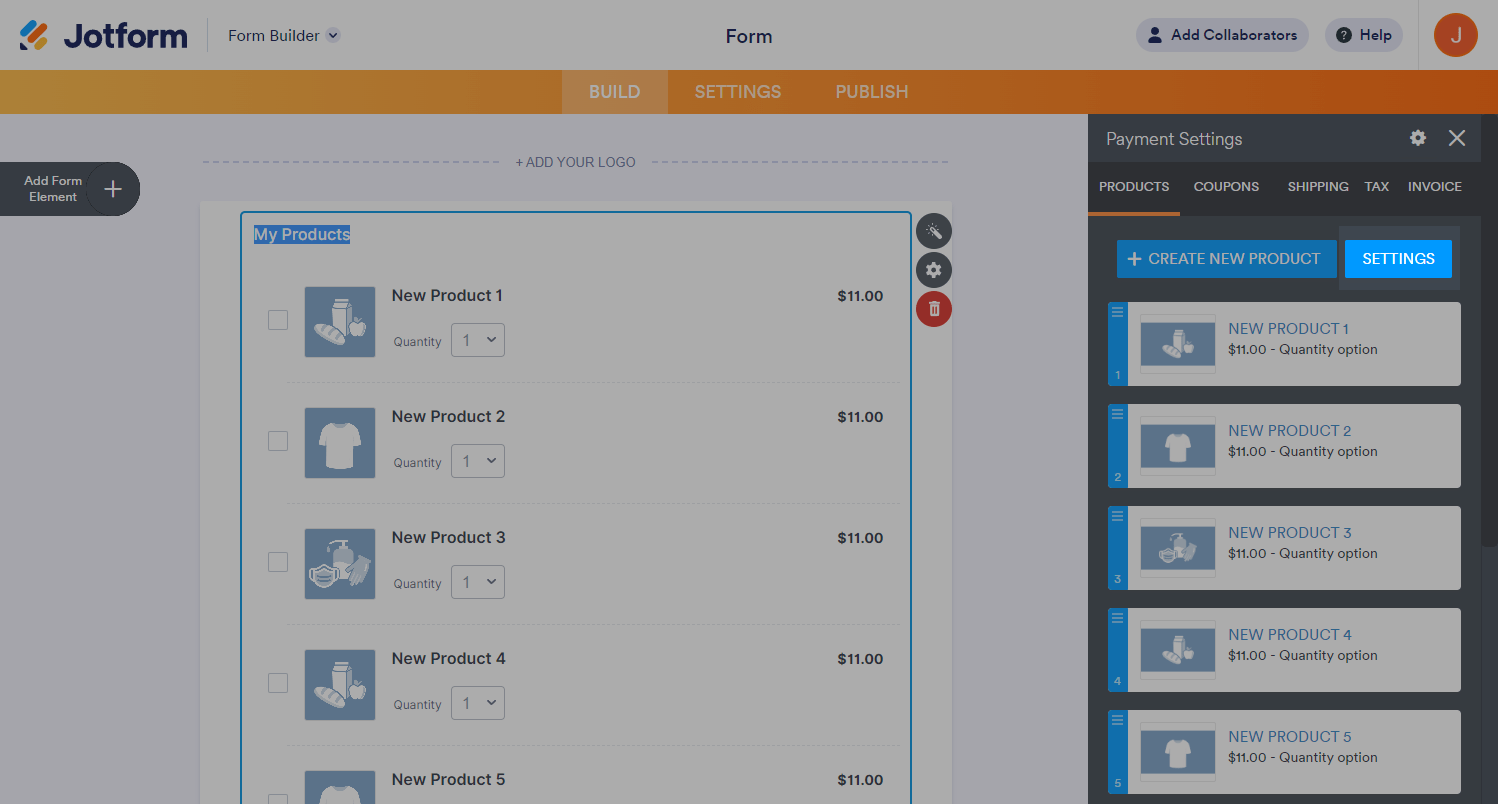 Capture d'écran du bouton Paramètres de paiement dans le Générateur de formulaires Jotform