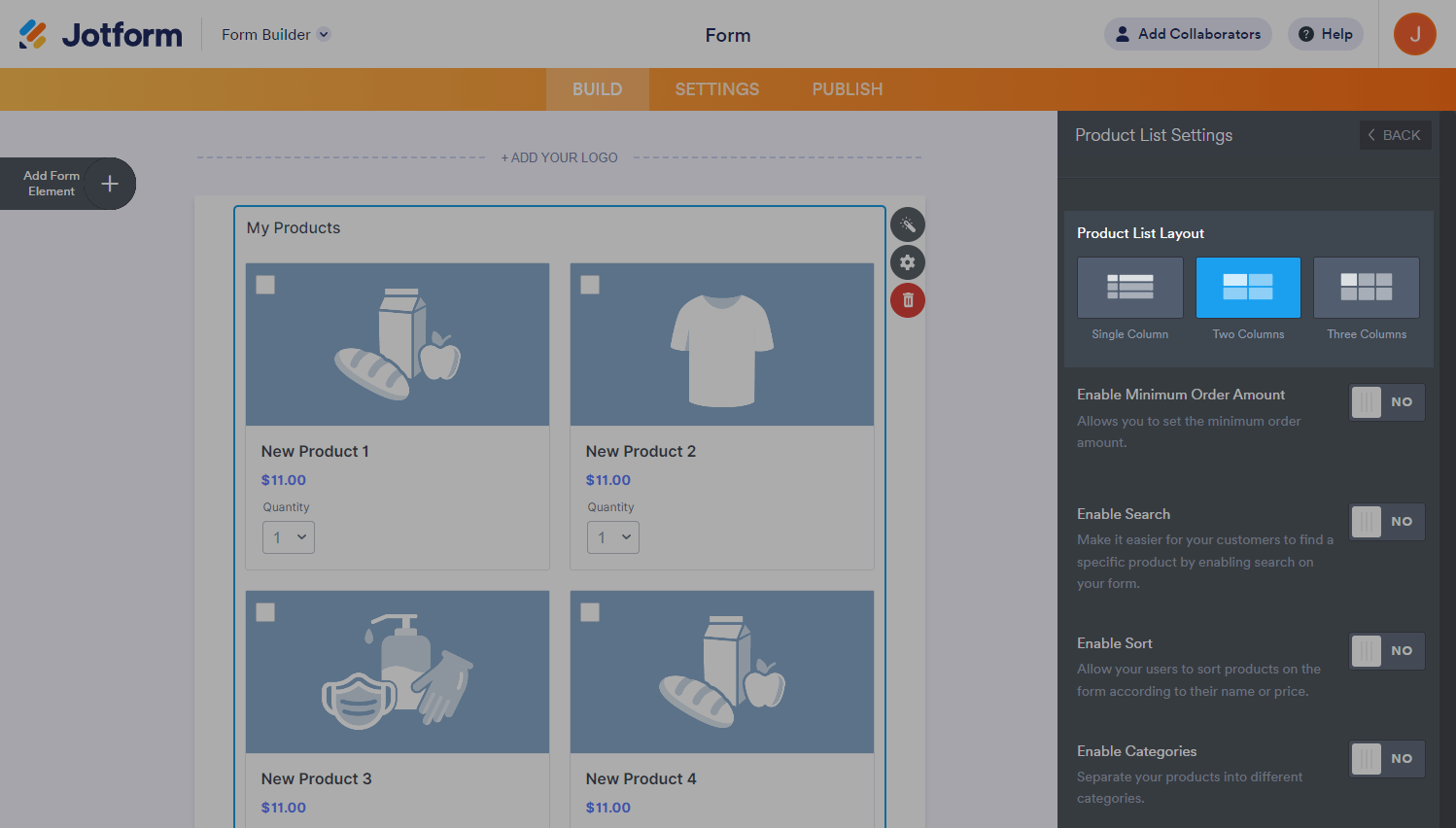 Capture d'écran avec une liste de produits de paiement sous forme de colonnes dans le Générateur de formulaires Jotform