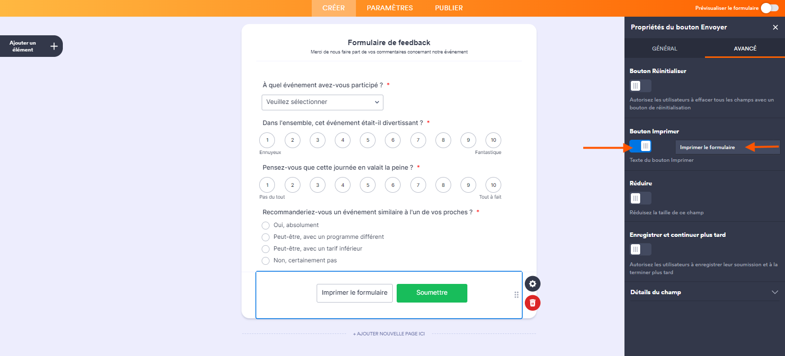 Capture d'écran d'un formulaire dans le Générateur de formulaires Jotform avec une flèche pointant vers Bouton Imprimer dans le volet Propriétés du bouton Envoyer et une autre pointant vers la description du bouton Imprimer