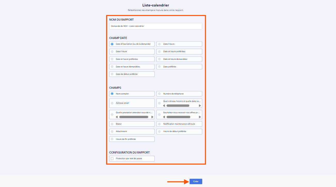 Capture d'écran de la page Liste-calendrier dans le Générateur de formulaires Jotform avec un encadré autour des champs à renseigner et à sélectionner et une flèche pointant vers le bouton Créer