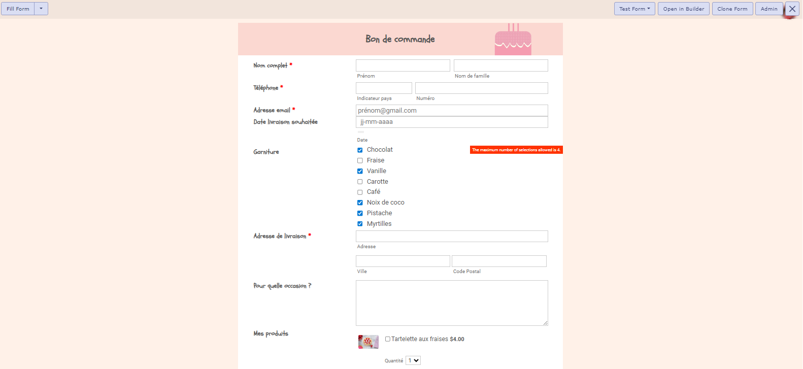 Capture d'écran montrant un message d'avertissement concernant le nombre minimum et maximum de sélections possibles dans un champ Choix multiples d'un formulaire Jotform