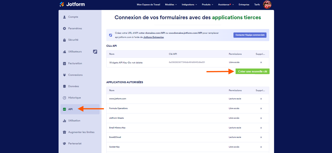 Capture d'écran de la fenêtre Connexion de vos formulaires d'un compte Jotform avec une flèche pointant vers API dans le volet de gauche et une autre pointant vers le bouton Créer une nouvelle clé