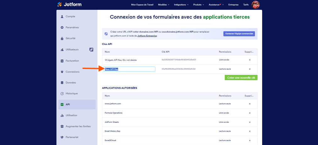 Capture d'écran de la fenêtre Connexion de vos formulaires d'un compte Jotform avec une flèche pointant vers le champ de saisie du Nom de la clé API