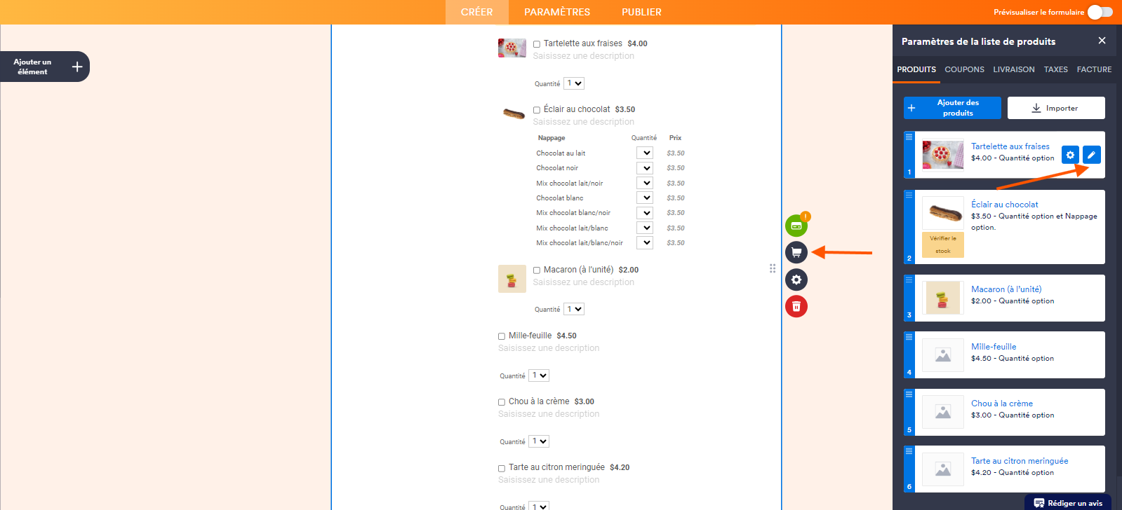 Capture d'écran d'un formulaire de commande de pâtisseries dans le Générateur de formulaires Jotform avec une flèche pointant vers l'icône de caddie, le volet Paramètres de la liste de produits ouvert à droite et une flèche pointant vers l'icône de crayon dans le premier produit proposé