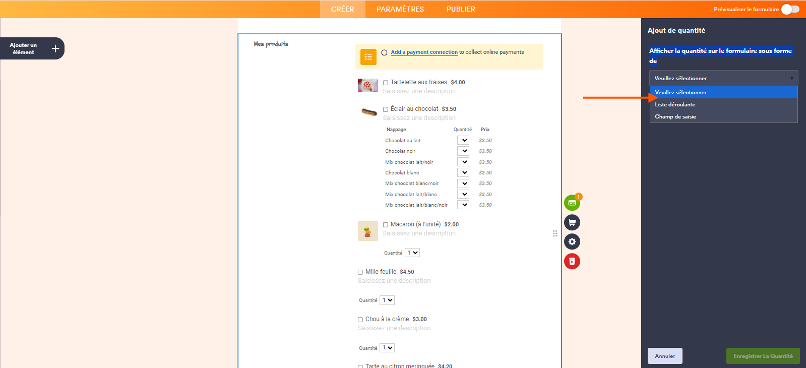 Capture d'écran d'un formulaire de commande de pâtisseries dans le Générateur de formulaires Jotform avec le volet Ajout de quantité ouvert à droite et une flèche pointant vers le menu déroulant du champ Afficher la quantité sur le formulaire sous forme de
