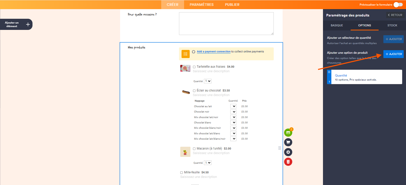Capture d'écran d'un formulaire de commande de pâtisseries dans le Générateur de formulaires Jotform avec le volet Paramétrage des produits ouvert à droite et une flèche pointant vers le bouton Ajouter à droite de Ajouter une option de produit