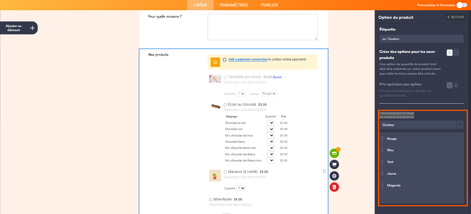 Capture d'écran d'un formulaire de commande de pâtisseries dans le Générateur de formulaires Jotform avec le volet Option de produit ouvert à droite et un encadré autour du tableau rempli avec les options Couleur prédéfinies