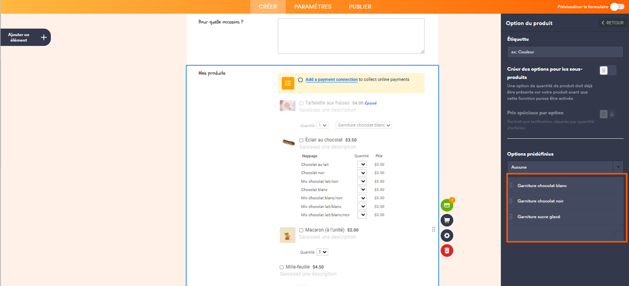 Capture d'écran d'un formulaire de commande de pâtisseries dans le Générateur de formulaires Jotform avec le volet Option de produit ouvert à droite et un encadré autour du tableau avec les options proposées