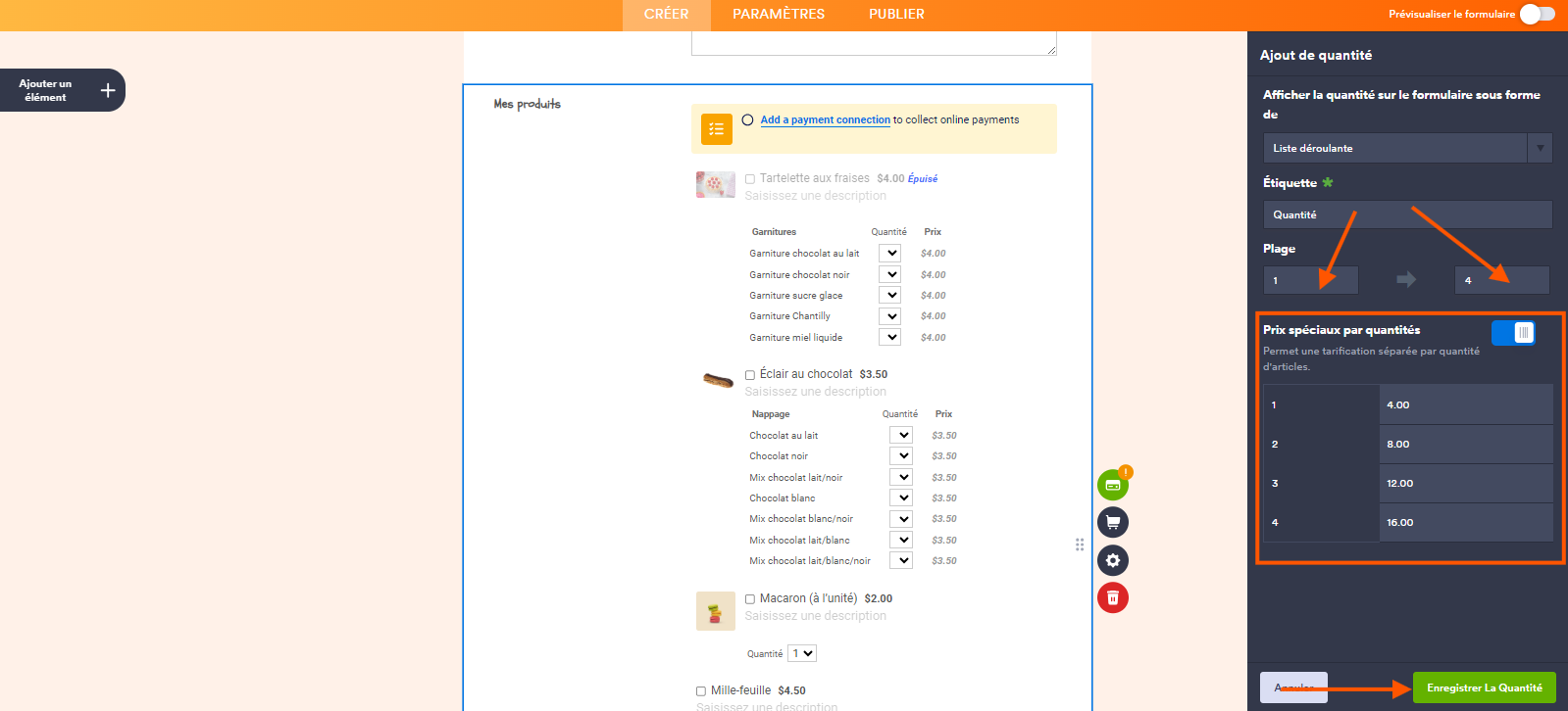 Capture d'écran d'un formulaire de commande de pâtisseries dans le Générateur de formulaires Jotform avec le volet Ajout de quantité ouvert à droite, deux flèches pointant les champs minimum et maximum du champ Plage, un encadré autour du tableau des différents prix par quantité et une flèche pointant vers le bouton Enregistrer la quantité