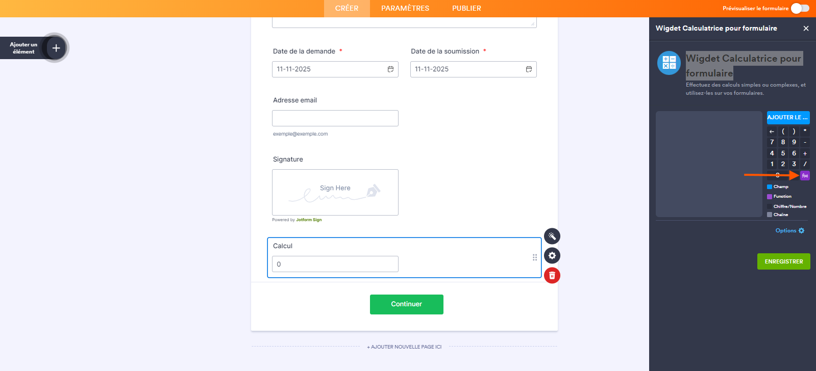 Capture d'écran du volet Wigdet Calculatrice pour formulaire avec une flèche pointant vers l'icône de fonction