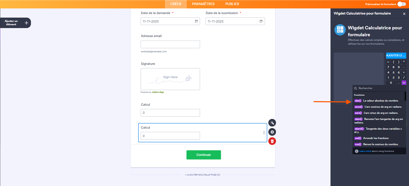 Capture d'écran du volet Widget Calculatrice pour formulaire ouvert à droite avec une flèche pointant vers la boite de dialogue de l'icône fonction