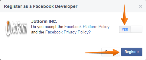 Capture d'écran de la page d'inscription à Facebook Developer avec une flèche pointant vers le bouton Oui et une autre pointant vers le bouton S'inscrire