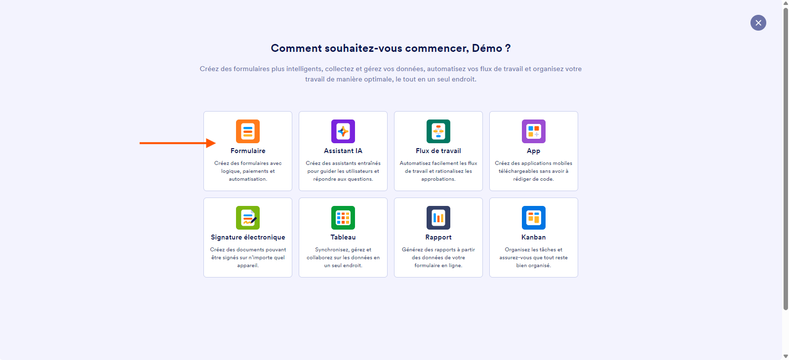 Capture d'écran de la page Comment souhaitez-vous commencer ? avec une flèche pointant vers l'option Formulaire