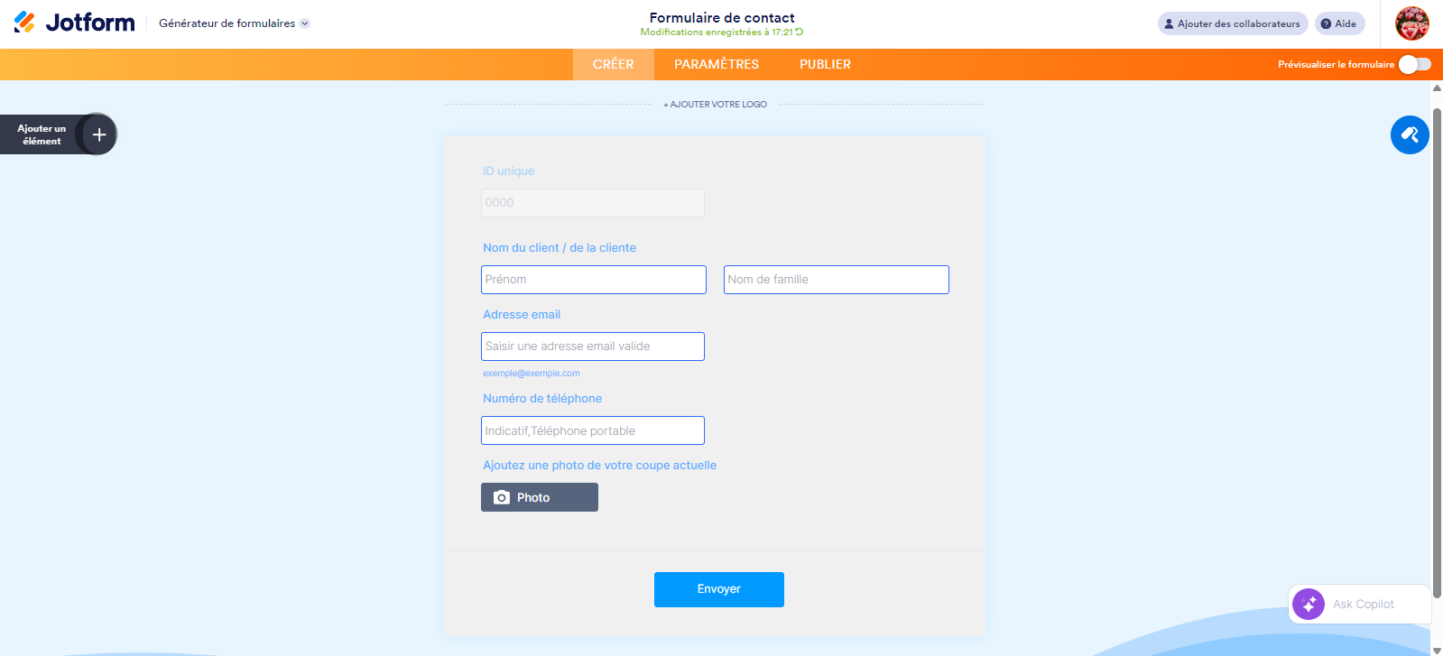 Capture d'écran du formulaire de contact qui vient d'être créé