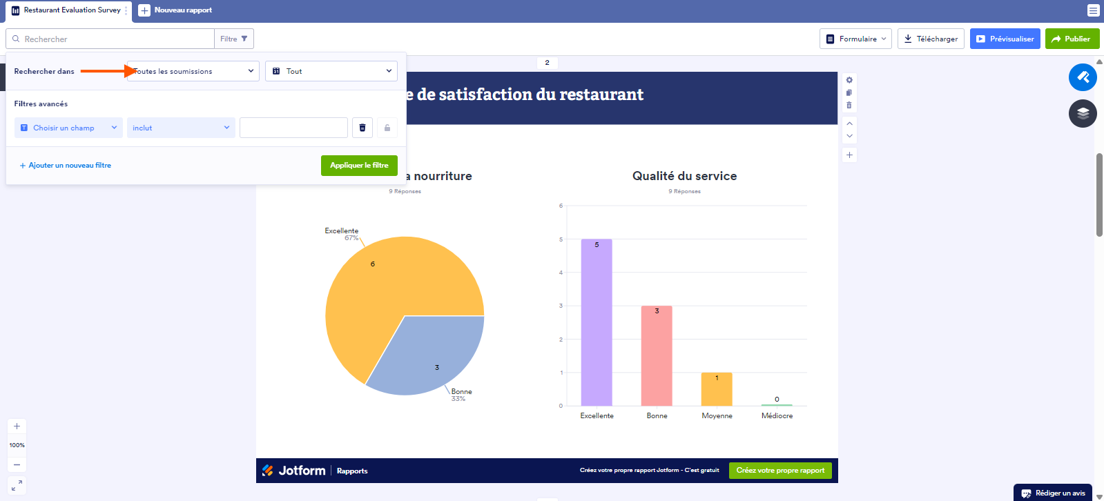 Capture d'écran d'un rapport dans Jotform avec une flèche pointant vers les options de Rechercher dans la fenêtre de Filtre