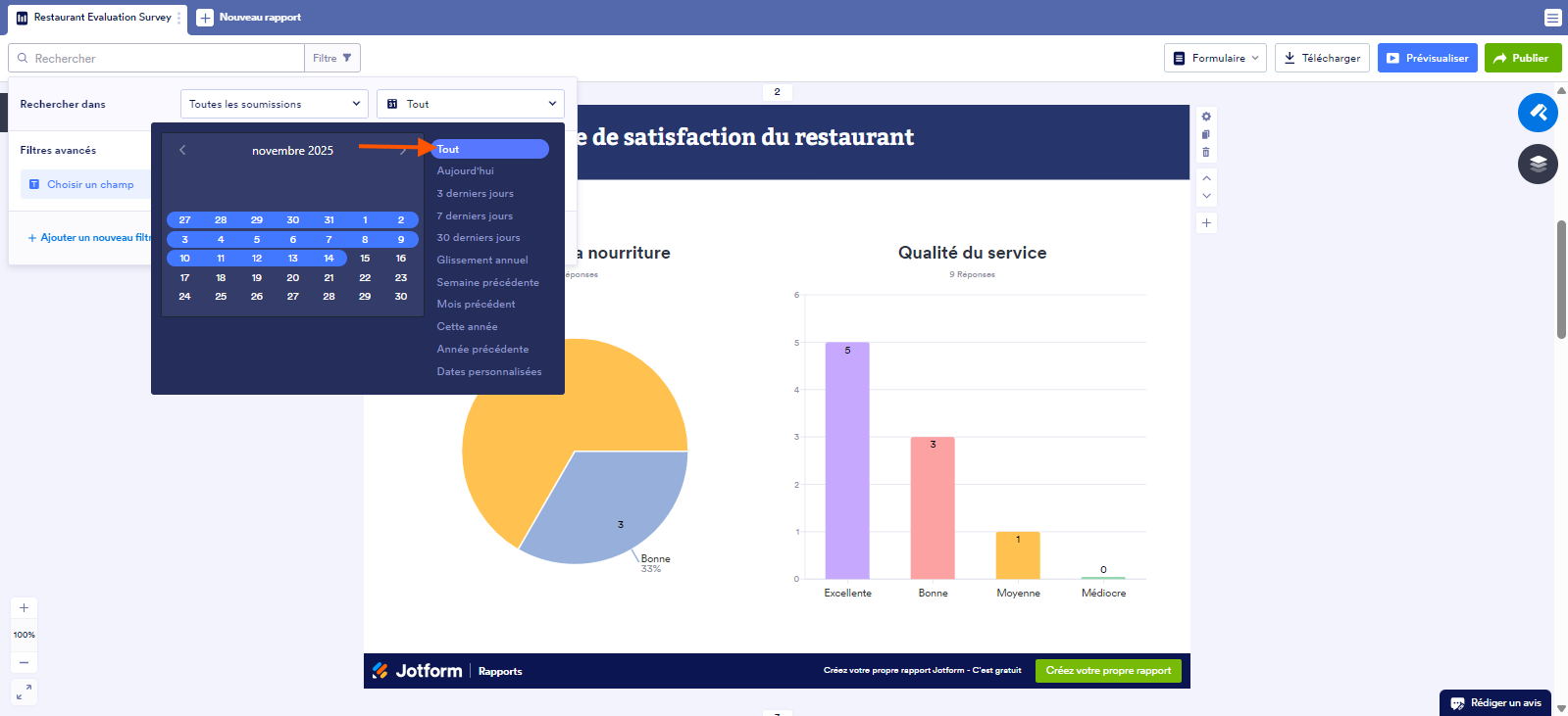 Capture d'écran d'un rapport dans Jotform avec une flèche pointant vers l'option Tout dans le sélecteur de dates de la fenêtre de Filtre