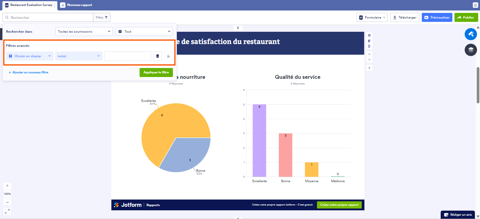 Capture d'écran d'un rapport dans Jotform avec un encadré autour de l'option de Filtres avancés dans la fenêtre de Filtre