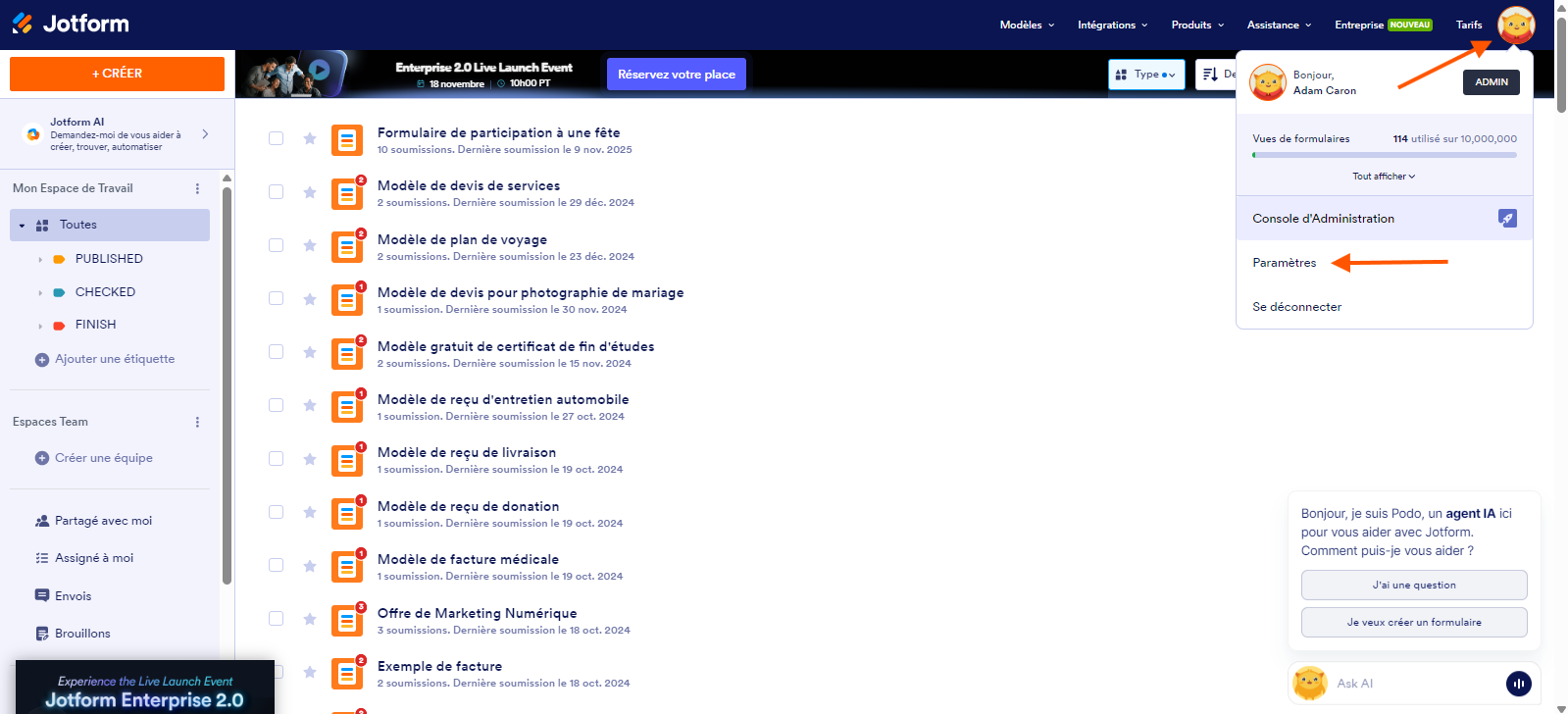 Capture d'écran d'une liste de formulaires dans le Générateur de formulaires Jotform avec une flèche pointant vers la photo de profil et une autre pointant vers Paramètres dans le menu qui s'est ouvert