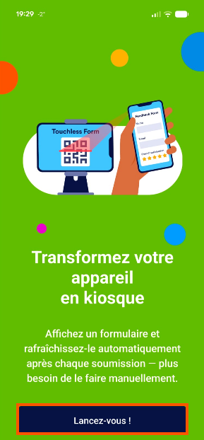 Capture d'écran de la page Transformez votre appareil en kiosque de Jotform Mobile avec le bouton Lancez-vous ! encadré
