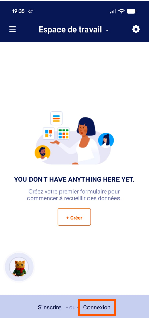 Capture d'écran de la page Espace de Travail sur Jotform Mobile avec le bouton Connexion encadré