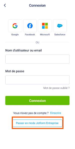 Capture de l'écran de connexion de Jotform Mobile avec le bouton Passer en mode Jotform Entreprise encadré