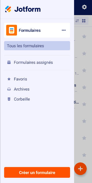Capture d'écran du menu d'accès aux dossiers de la page Formulaires dans Jotform Mobile