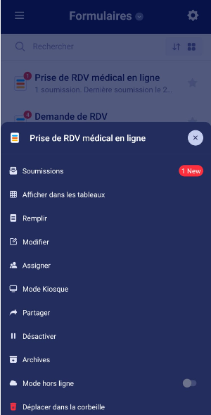 Capture d'écran du menu des options lorsqu'on sélectionne un formulaire dans Jotform Mobile