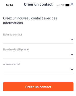 Capture d'écran de la page Créer un contact qui s'affiche lorsqu'on appuie sur l'icone Contact dans une soumission dans Jotform Mobile