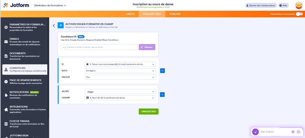 Capture d'écran de la page ctiver/Exiger/Formater un champ avec la condition définie, dans le Générateur de formulaires Jotform